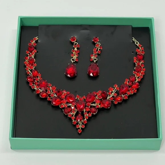Red Floral Statement Necklace Bib Drop Earrings Jewelry Holiday Set Gold Rose gf - Picture 3 of 16
